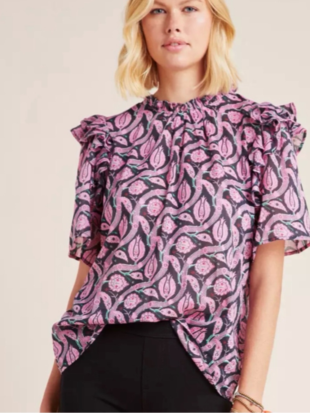 Banjanan Evie Pink Black Ruffle Sleeve Cotton Blouse Shirt Top Size m medium